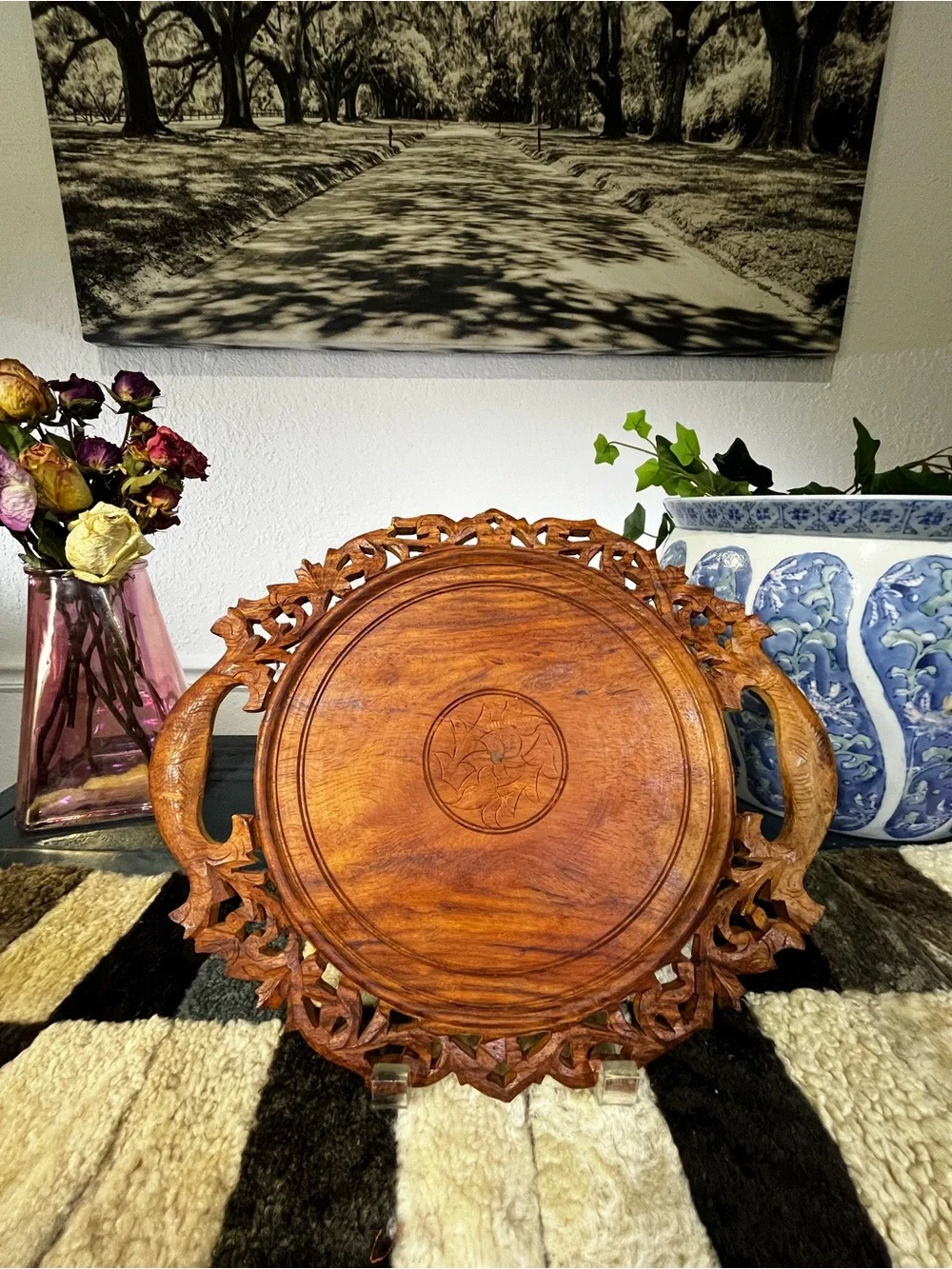 Hand-Carved Wooden Serving Tray - Rustic Brown